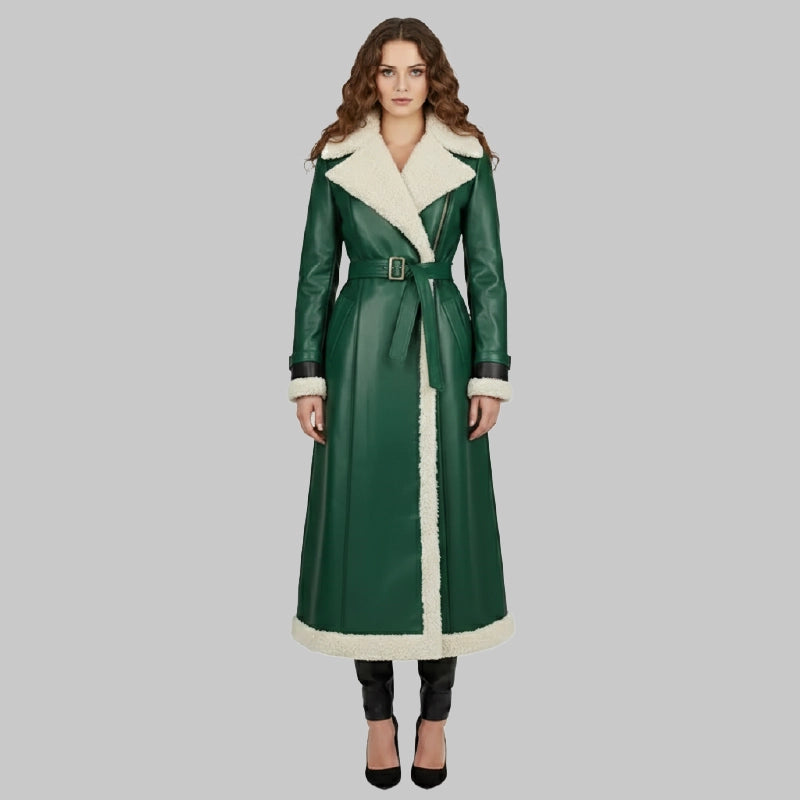 GreenLeatherLongCoatRedBeltedCuffsWomen