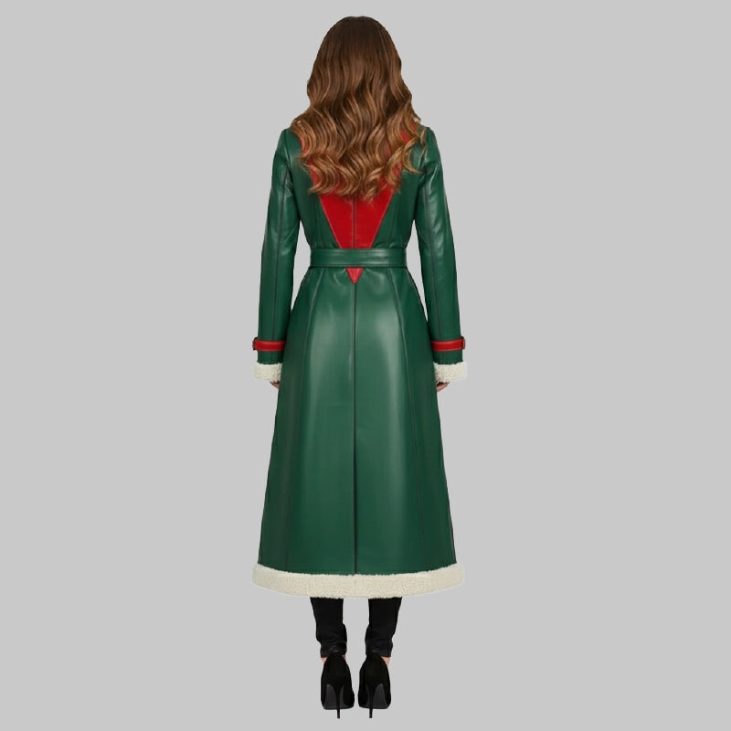 GreenLeatherLongCoatRedBeltedCuffsforWomen