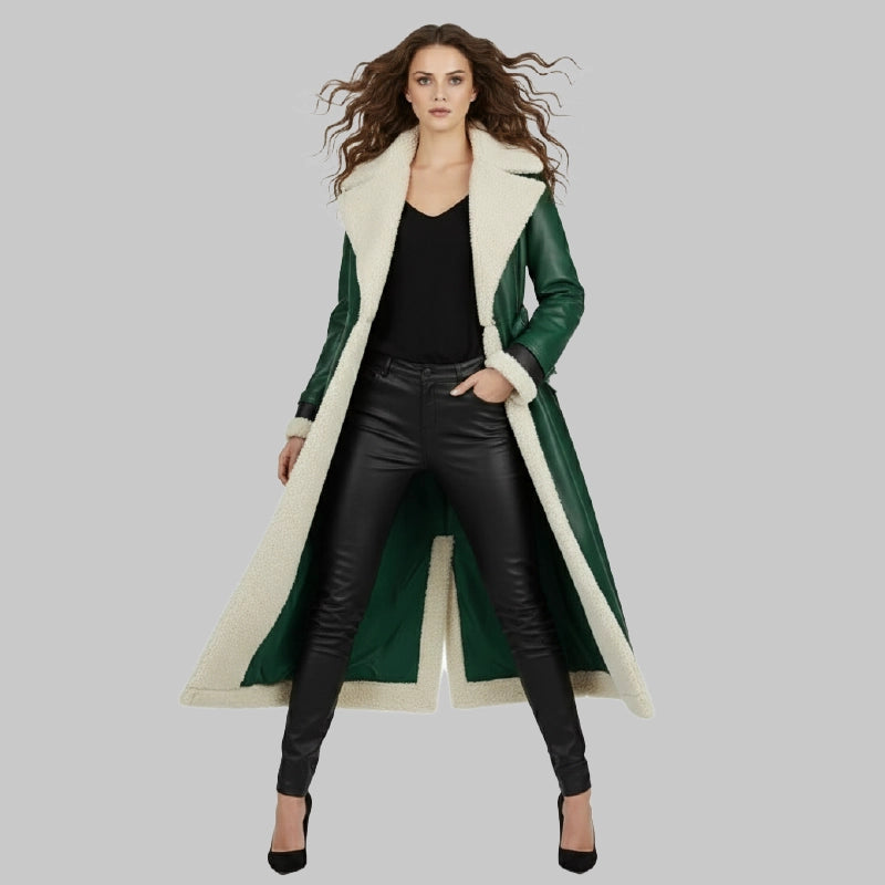 GreenLeatherLongCoatwithRedBeltedCuffsWomen
