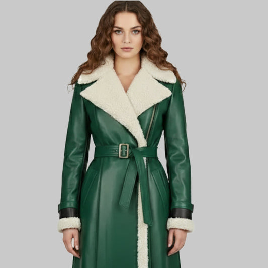 GreenLeatherLongCoatwithRedBeltedCuffsforWomen