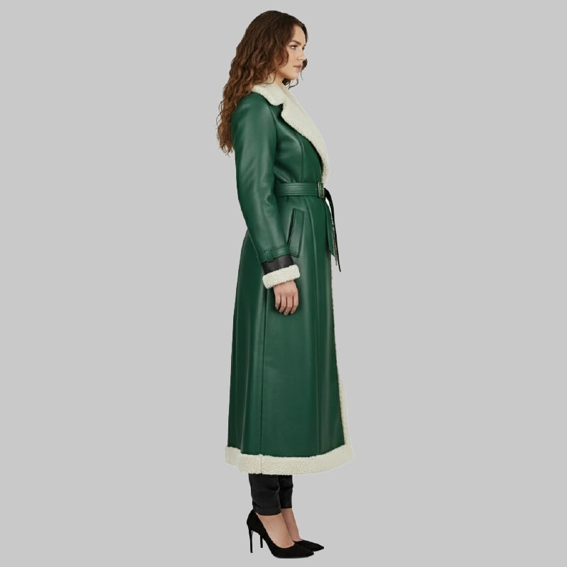 GreenLongCoatwithRedBeltedCuffsforWomen