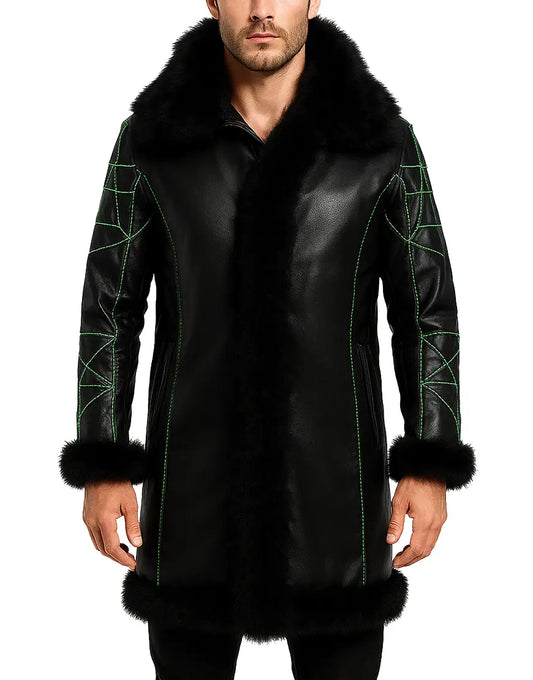 Halloween Inspired Stitch Shearling Long Leather Coat For Men
