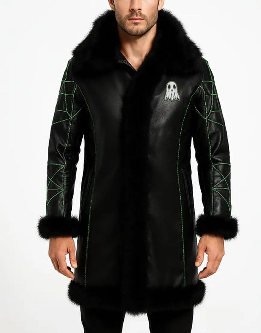 Halloween Shearling Leather Coat with Ghost Embroidery Patch