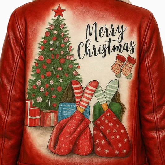 Hand Painted Christmas Red Shearling Leather Jacket for Women