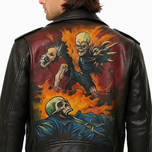 Hand Painted Fire Skull Black Biker Leather Jacket for Men