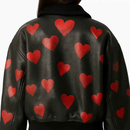 Hand Painted Heart Pattern Black Aviator Leather Jacket