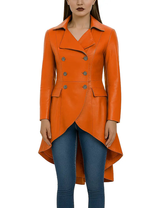 Knee Length Flaired Orange Long Leather Coat For Women