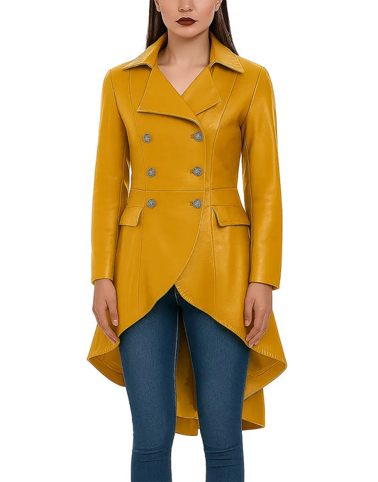 Knee Length Flaired Yellow Long Leather Coat For Women