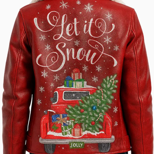 Let it Snow Hand Painted Art Leather Jacket for Women