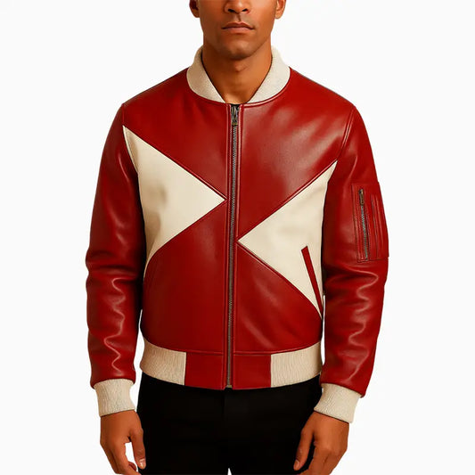 Lightweight Red and White Leather Bomber Jacket for Men