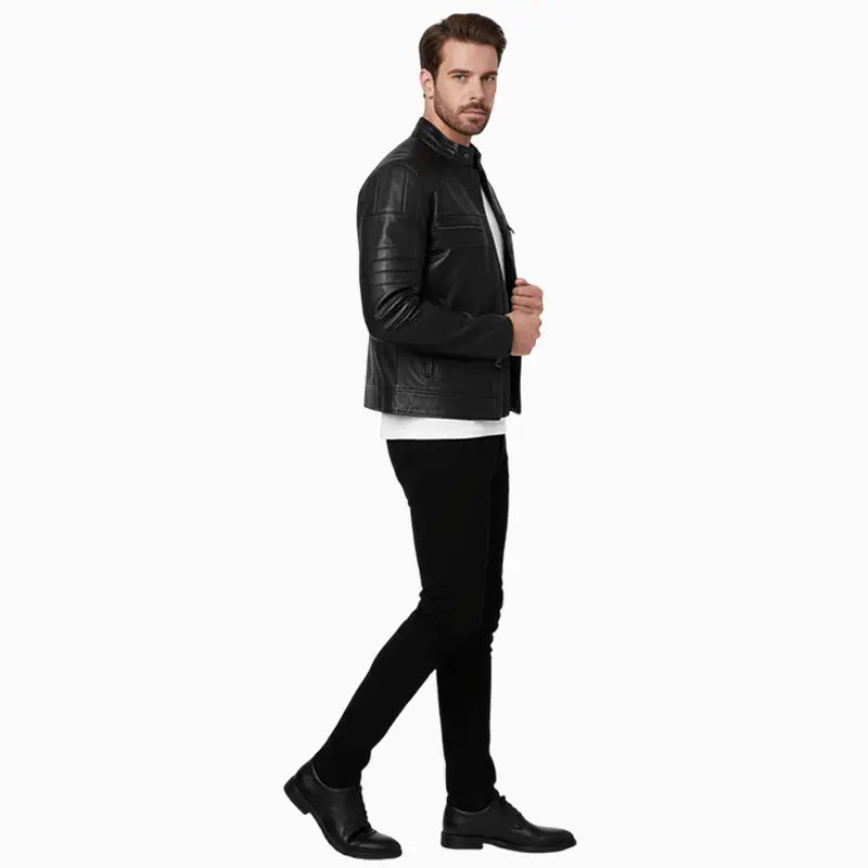 MandarinCollarBlackCafeRacerJacketMen