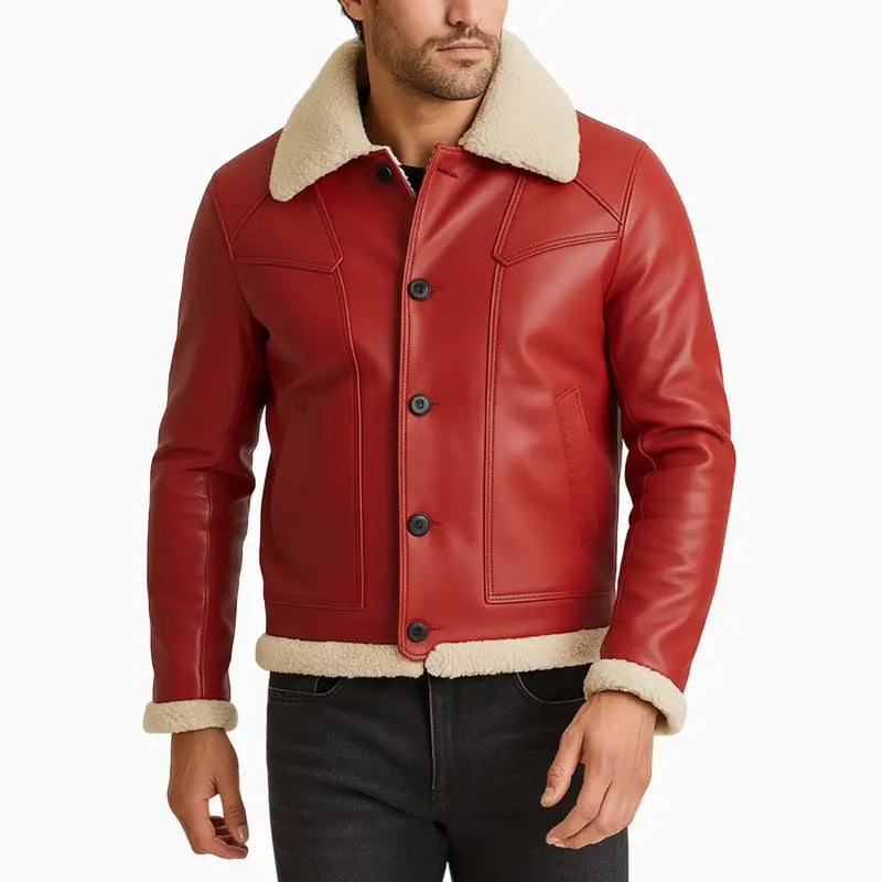 MenRedShearlingCollarRealLeatherJacket