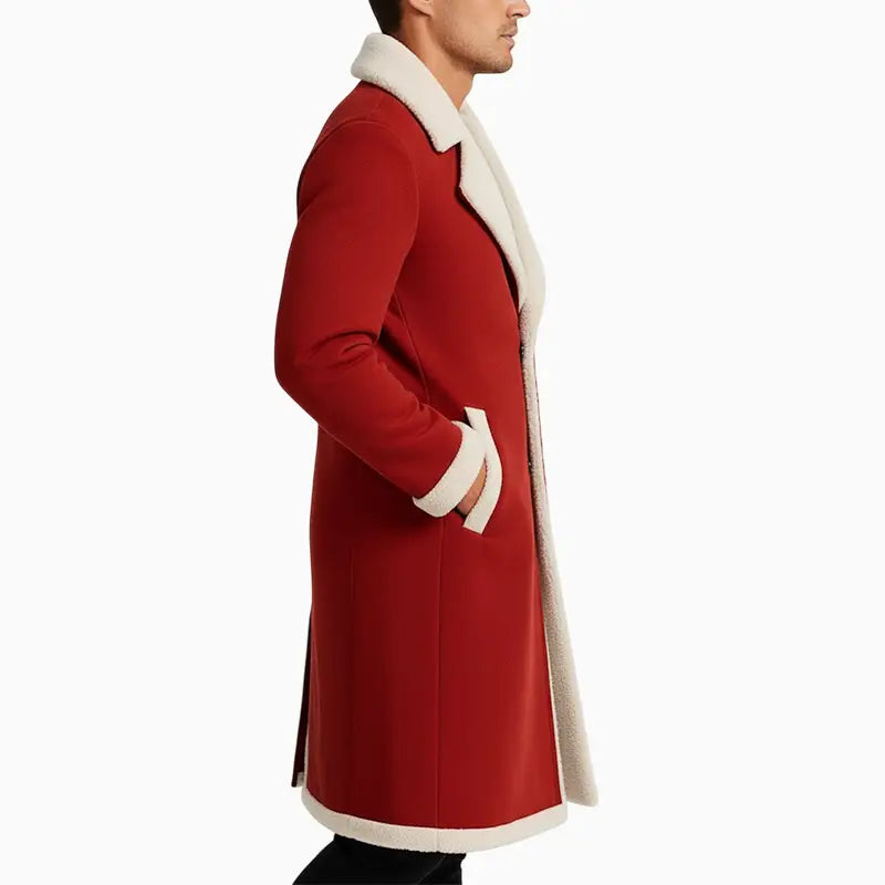 MenRedShearlingLongCoatwithOff-WhiteFurTrim
