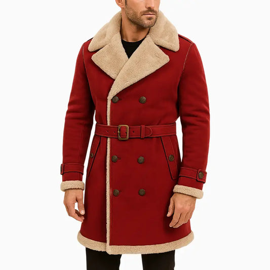 Men’s Asymmetrical Red Suede Sharling Long Coat
