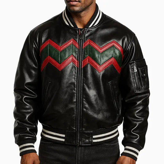 Men’s Black Leather Bomber Jacket with Reindeer Embroidery