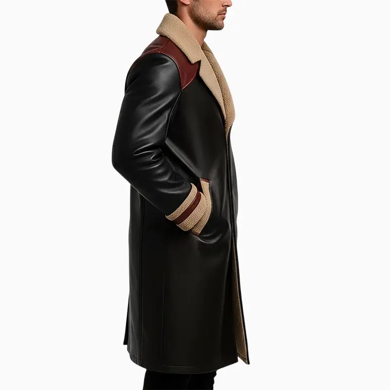 Men_sBlackShearlingLeatherLongCoatwithBurgundyPanels