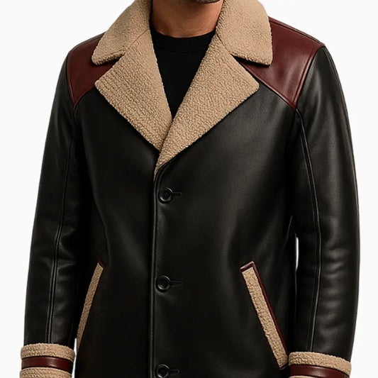 Men_sBlackShearlingLeatherLongCoatwithBurgundyShoulderPanels