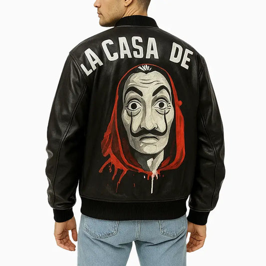 Men’s Black Bomber Hand Painted Dali Mask Leather Jacket