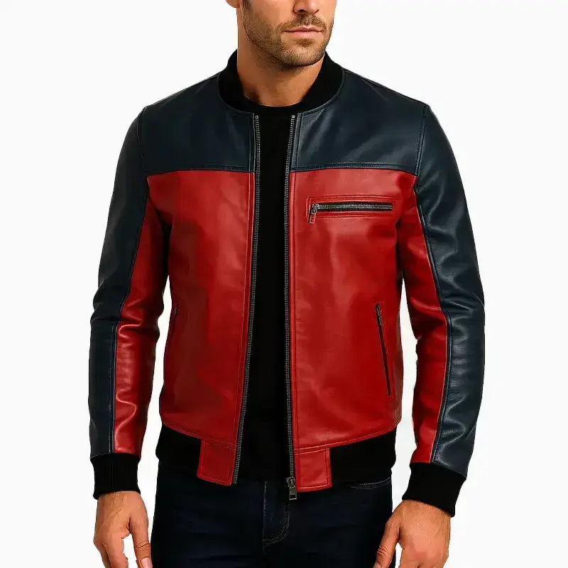 Mens Red & Black Christmas Leather Bomber Jacket