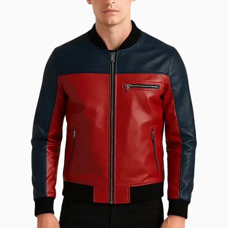 Mens Red & Black Christmas Leather Bomber Jacket