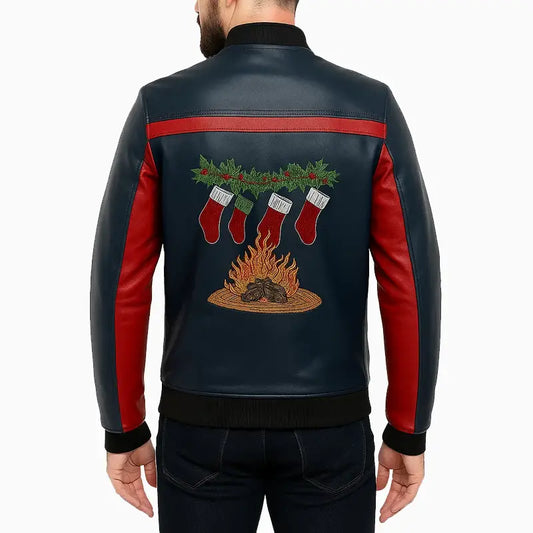 Men's Bomber Leather Jacket With Christmas Embroidered Patch