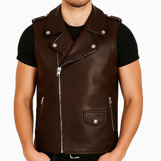 Men's Brown Leather Vest For Motorcycle