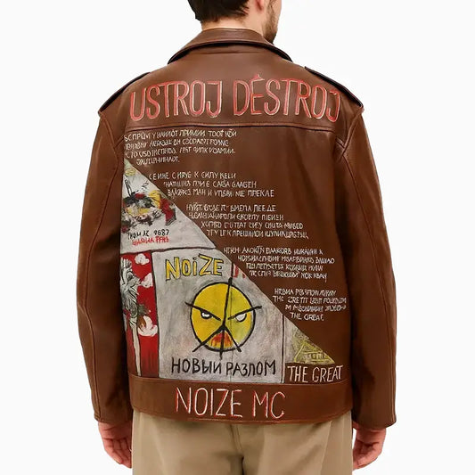 Men’s Brown Trucker Style Hand Painted Leather Jacket