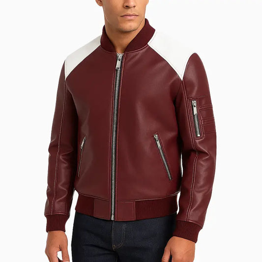 Men’s Burgundy Leather Bomber Jacket with White Shoulders