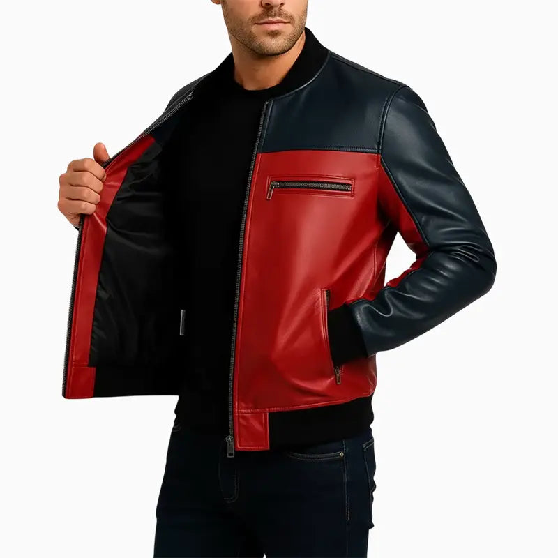 Mens Red & Black Christmas Leather Bomber Jacket