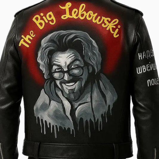 Men’s Biker Leather Jacket with the Big Lebowski Painted Art