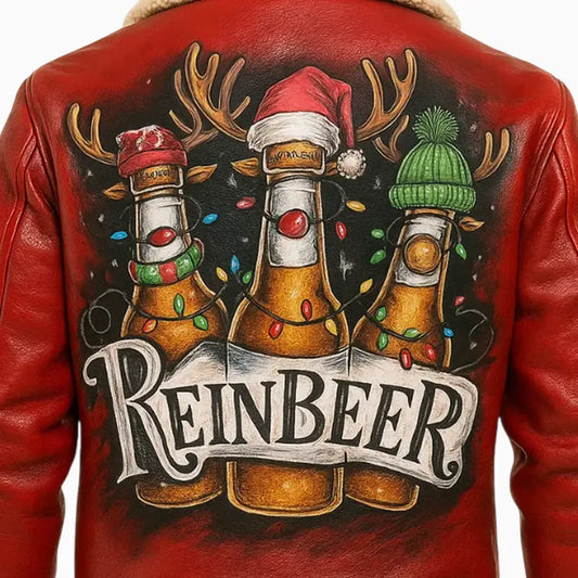 Men’s Red Reinbeer Hand Painted Leather Jacket