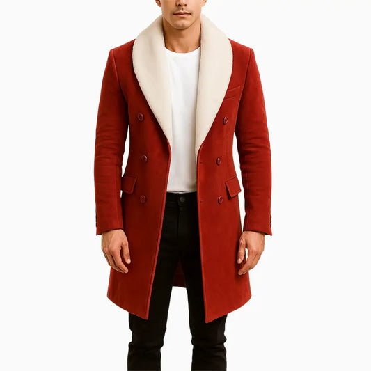 Men’s Red Sheepskin Leather Suede Shearling Long Coat