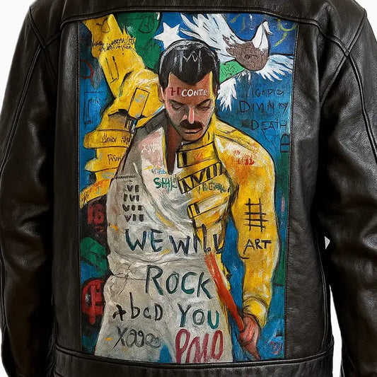 Men’s Black Trucker Leather Jacket with We Will Rock Hand Art