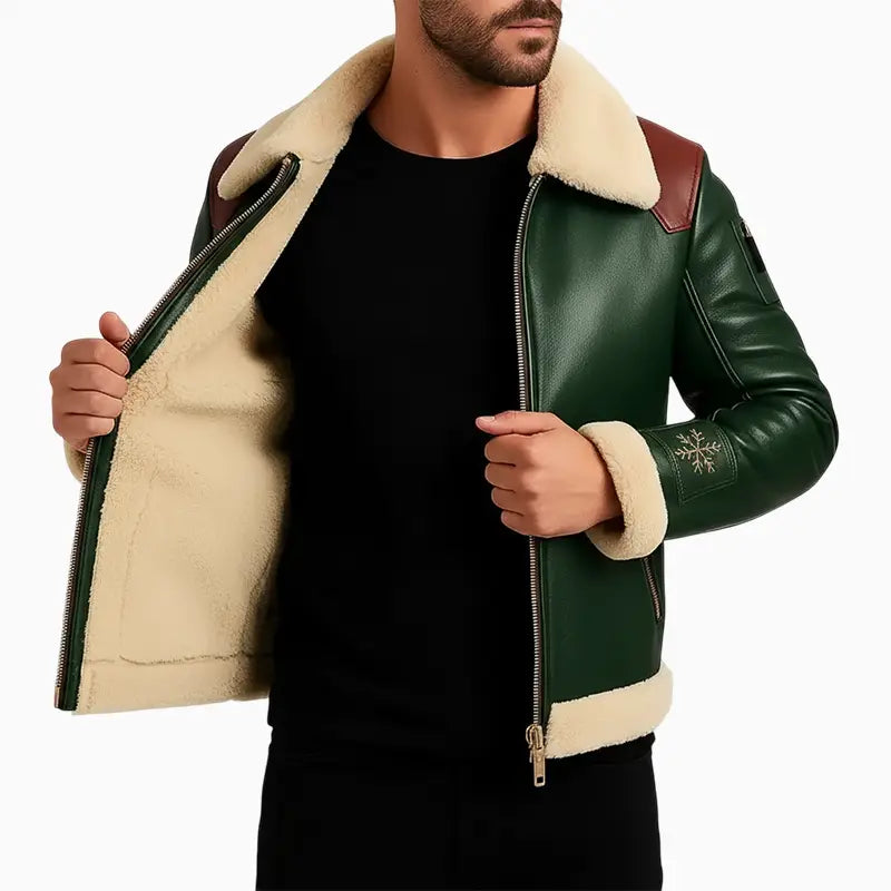 MensAviatorShearlingStyleJacketwithRedLeatherPattern