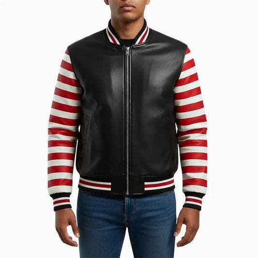 Men’s Black Bomber Leather Jacket with Red and White Stripes