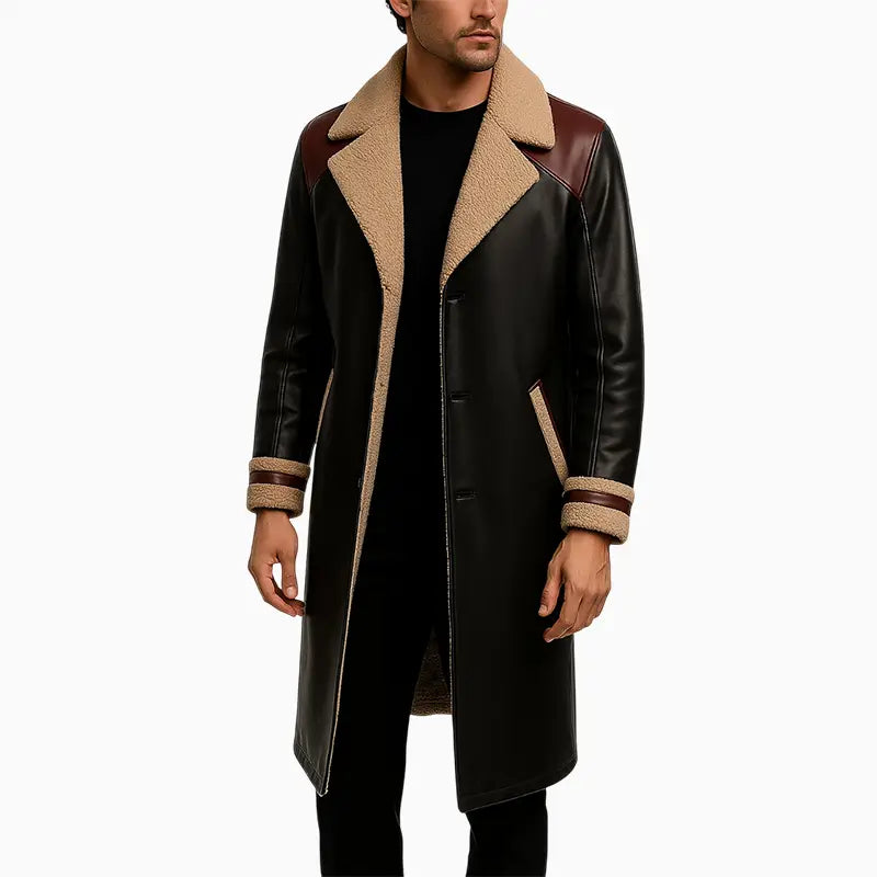 MensBlackShearlingLeatherLongCoatwithBurgundyShoulderPanels