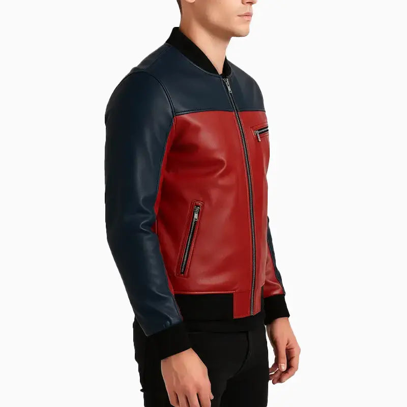 Mens Red & Black Christmas Leather Bomber Jacket