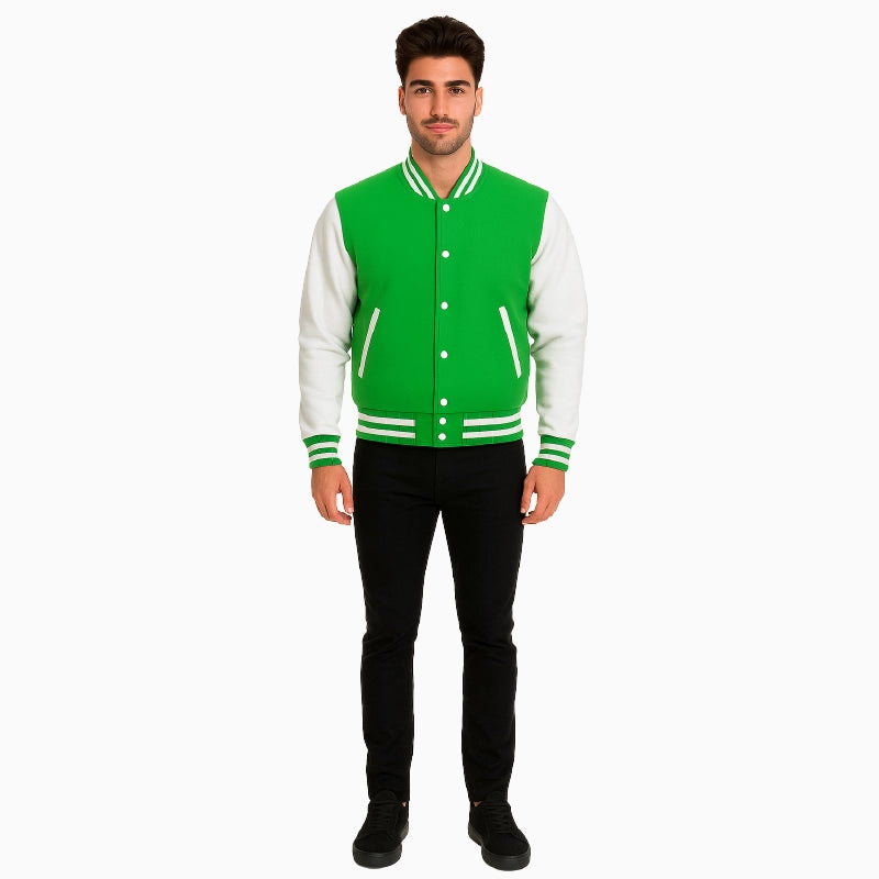 MensGreenandWhiteBaseballVarsityJacket