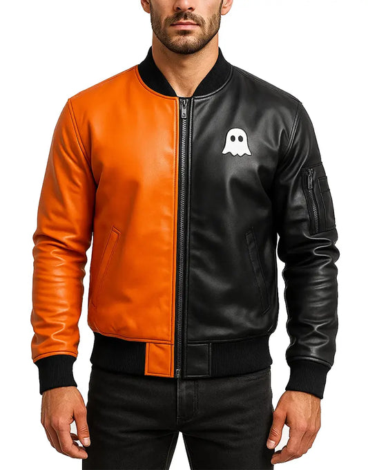 Mens Horror Embroidered Patch Orange And Black Bomber Leather Jacket