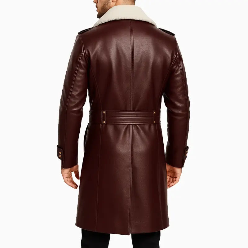 MensMaroonRealLeatherLongCoatwithShearlingCollar