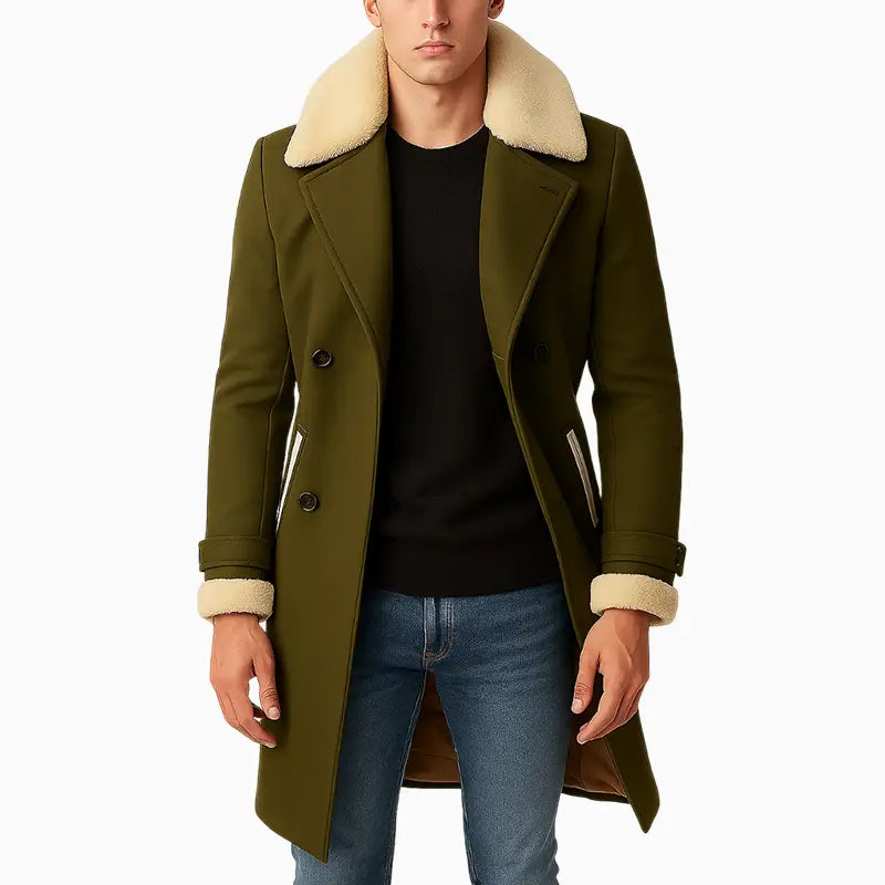 MensOliveGreenShearlingCollarDouble-BreastedCoat