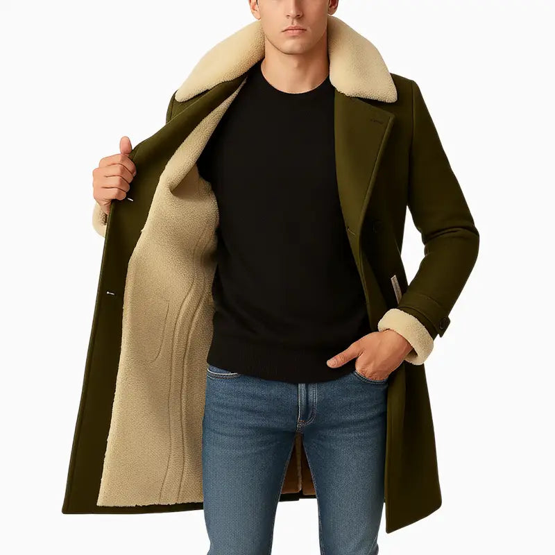 MensOliveGreenShearlingCollarDouble-BreastedLongCoat