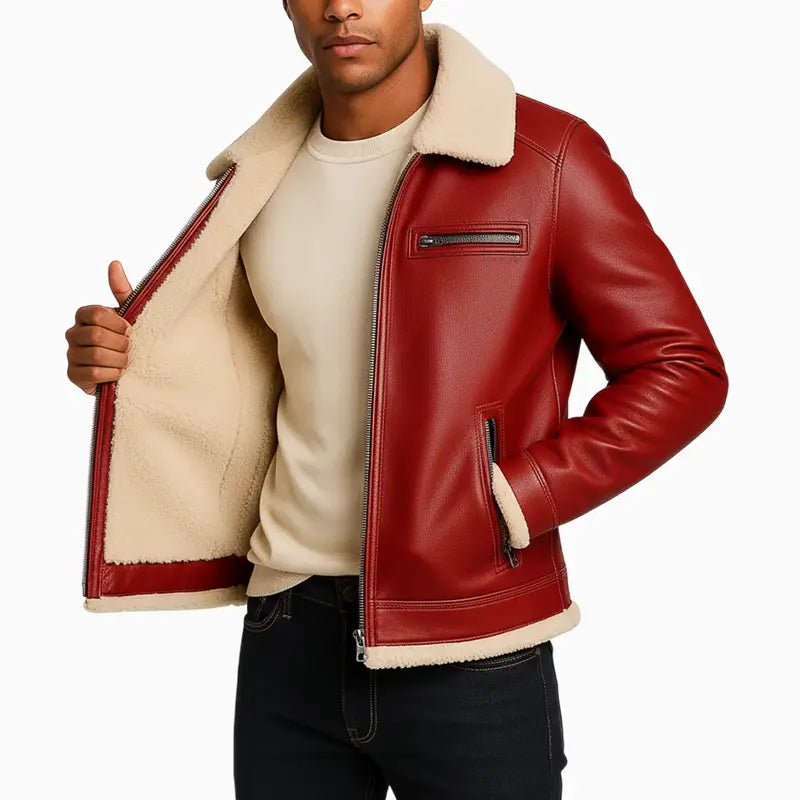MensRedRealLeatherAviatorJacketwithShearlingTrim