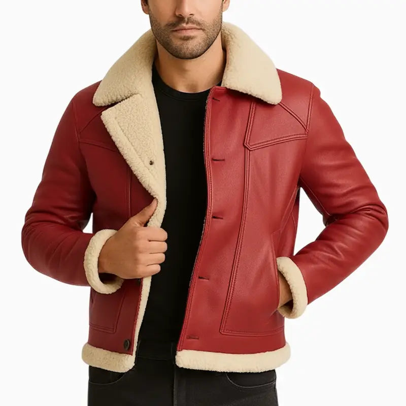 MensRedShearlingCollarRealLeatherJacket