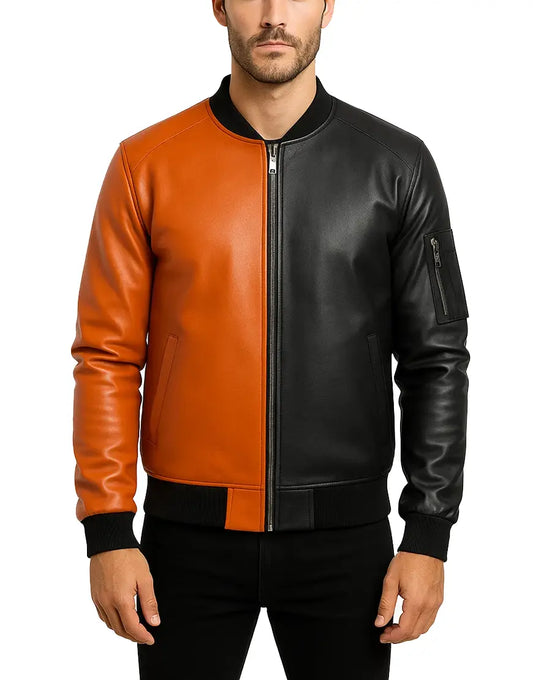 Mens Horror Black and Orange Leather Bomber jacket