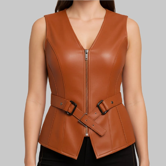 OriginalLeatherBrownVestForWomenFront