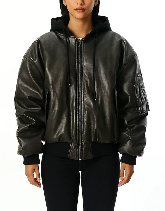 Oversized Leather Bomber Jacket With Hood For Women