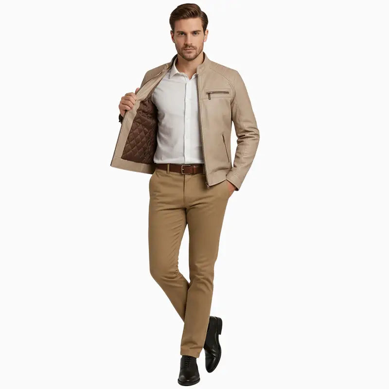 PremiumLeatherQuiltedWarmBeigeJacket