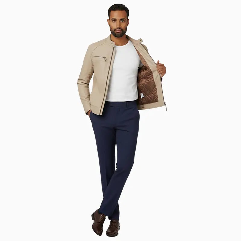QuiltedBeigeLeatherJacketForMen