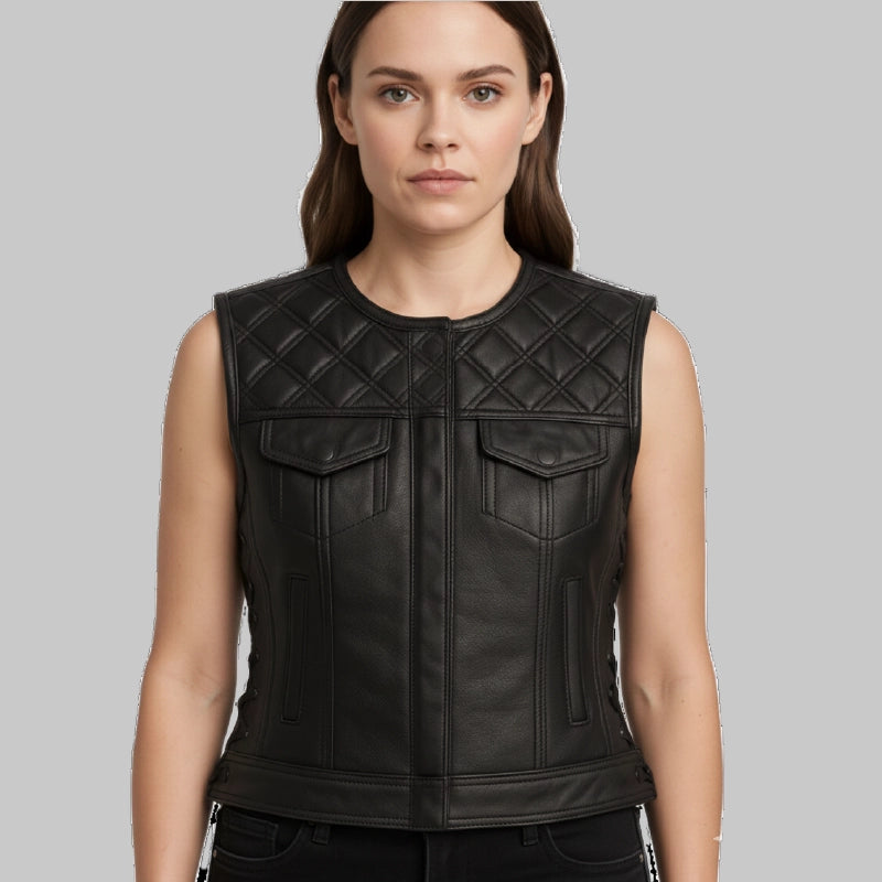 QuiltedBlackMotorcycleVestForWomenFront
